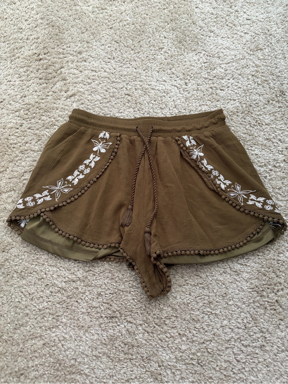 Love Tree Olive Green Embroidered Shorts